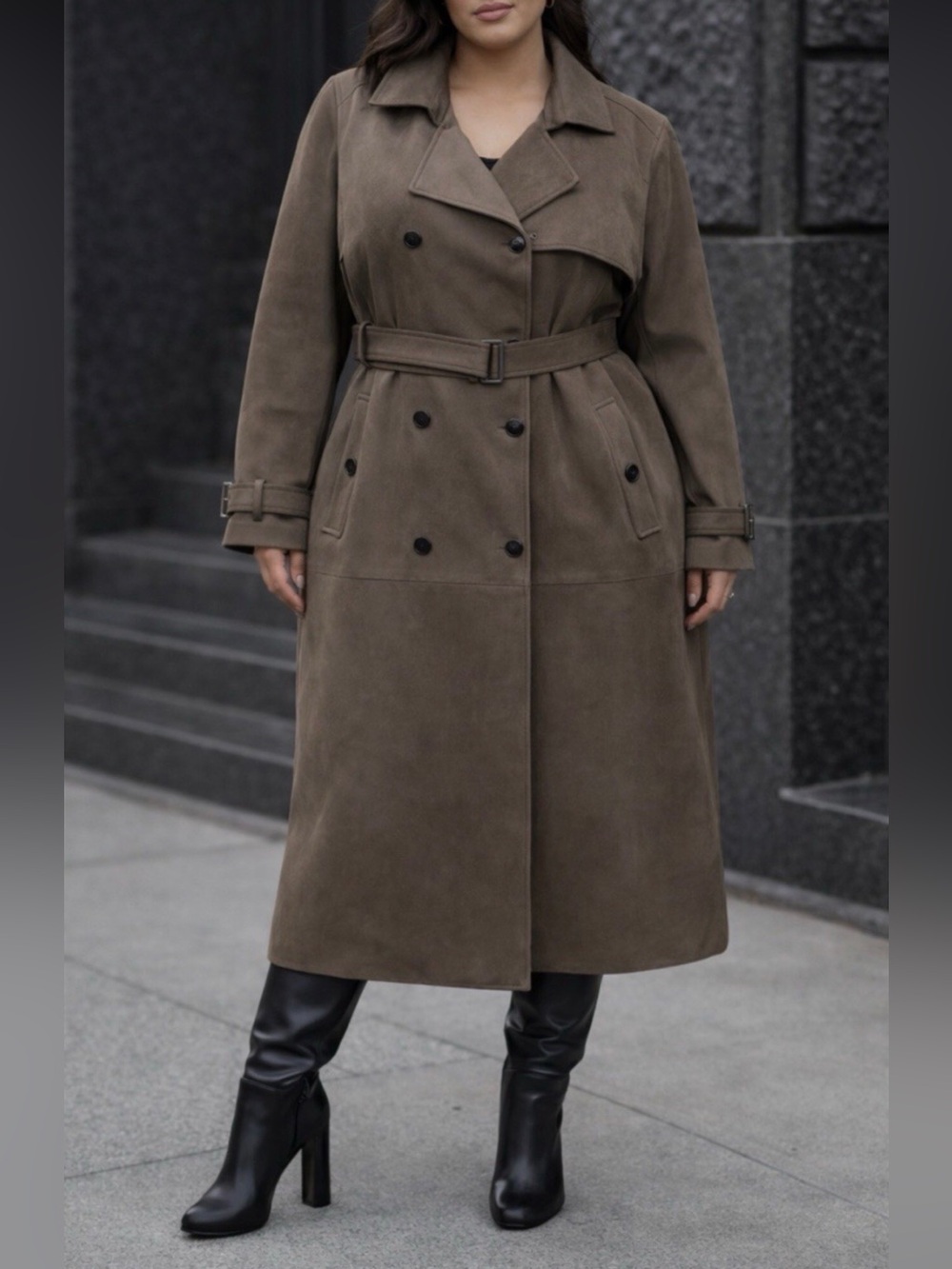 NWT! Ashley Graham Womens Plus Faux Suede Trench Coat size 5X Olive Brown